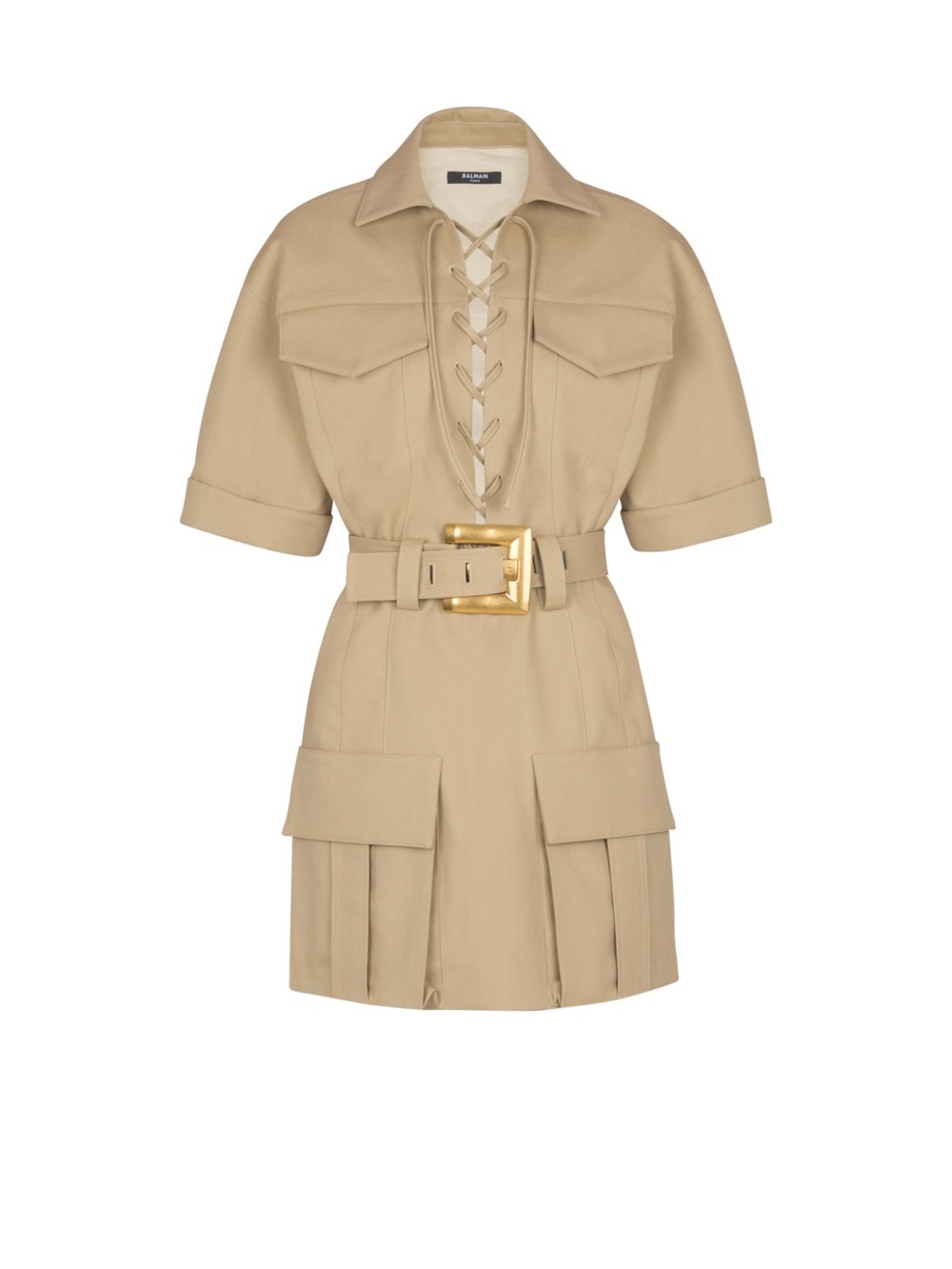 Balmain Beige Lace-Up Utility Jacket Dress with Gold Buckle